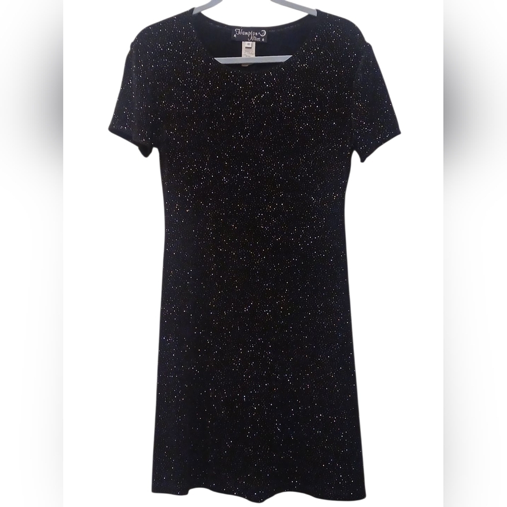 Hampton Nites - Elegant Black Mini Dress W/ Sparkles Through Out , Short Sleevel